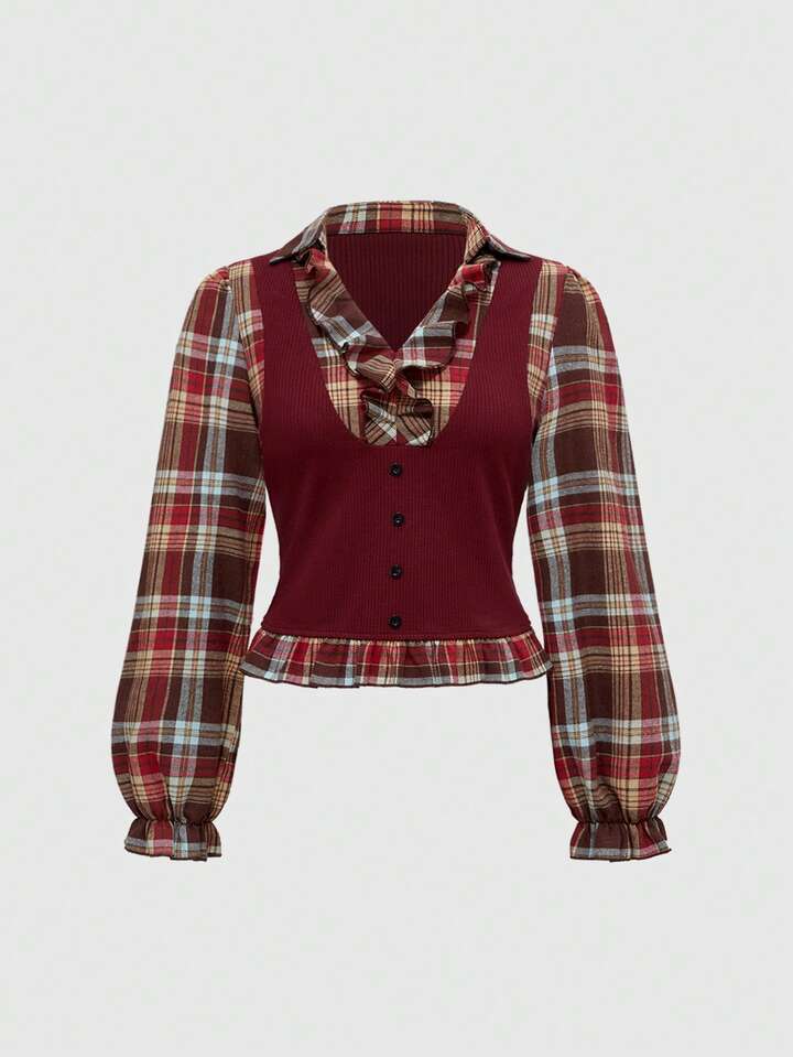 Back To School Vintage Gothic Plaid Patchwork Long Sleeve Shirt Blouse For Plus Size Women