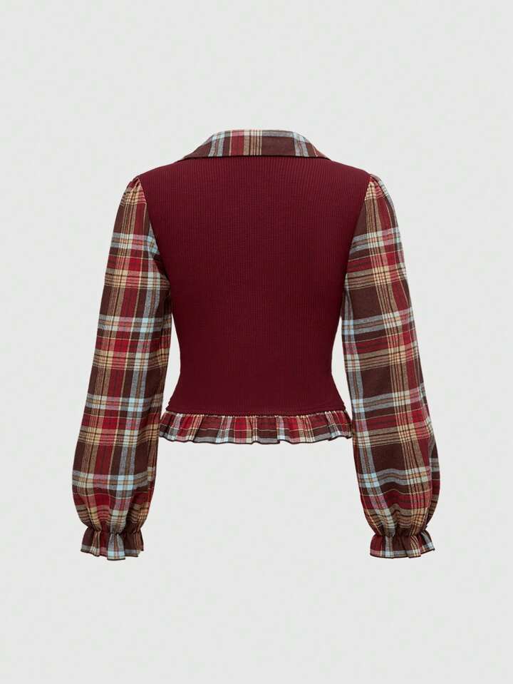 Back To School Vintage Gothic Plaid Patchwork Long Sleeve Shirt Blouse For Plus Size Women