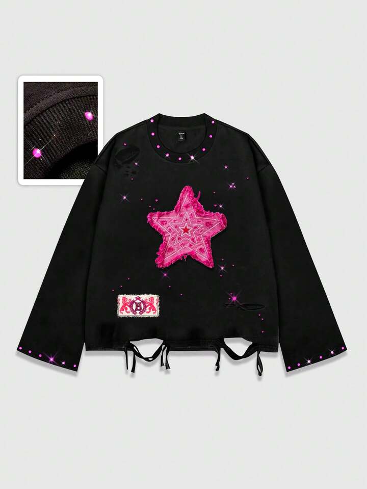 Grunge Punk Distressed Vintage Punk Patch Embroidery Oversized Long Sleeve T-Shirt For Men, Fall, 2000s Style