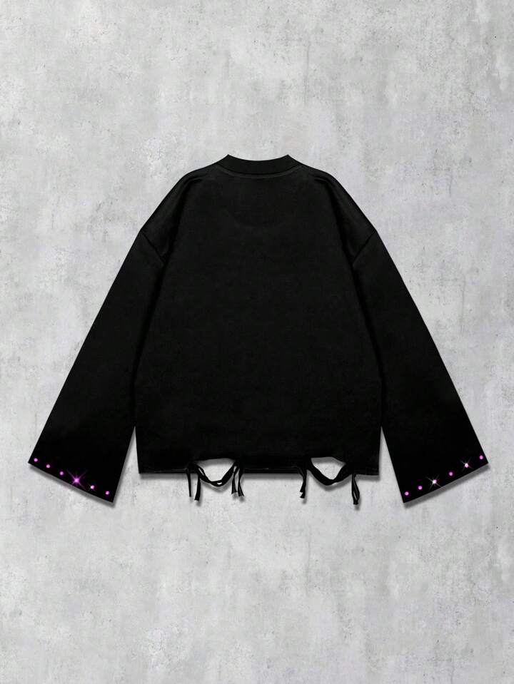 Grunge Punk Distressed Vintage Punk Patch Embroidery Oversized Long Sleeve T-Shirt For Men, Fall, 2000s Style