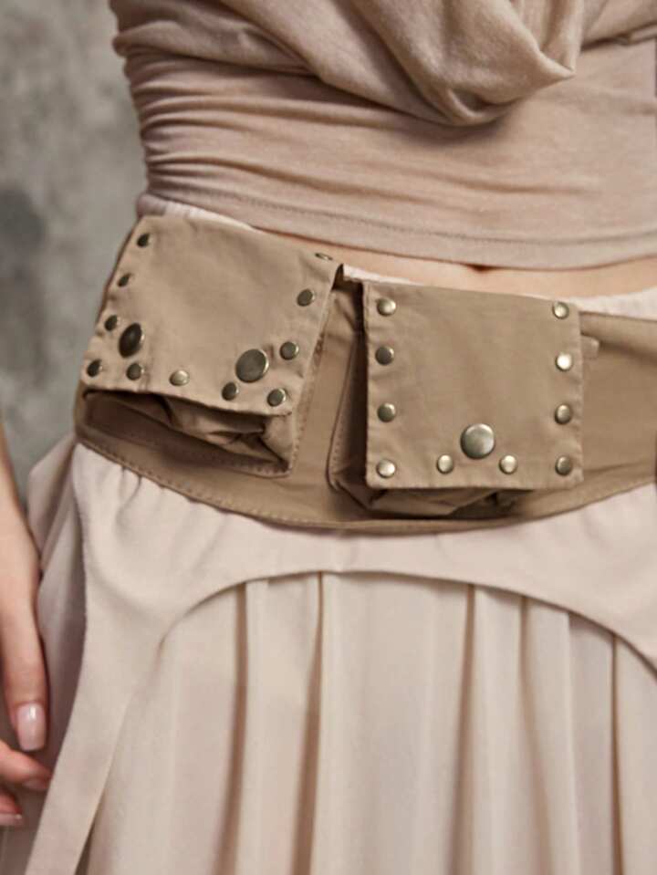 1pc Vintage Hippie Style Multi-Pocket Waist Bag With Rivet Decor Wide Waistband Belt For Women