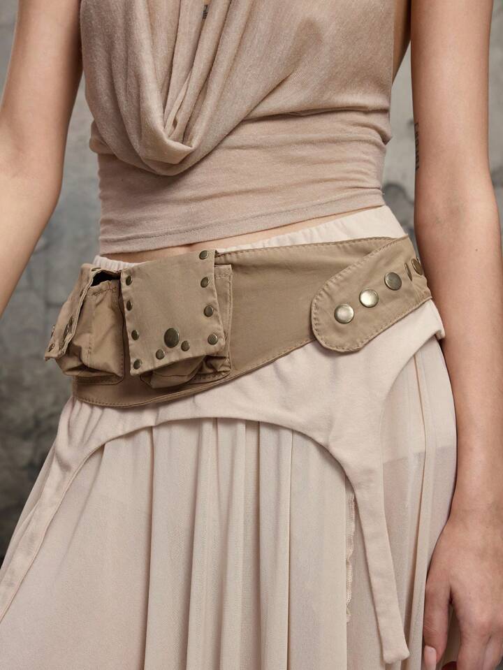 1pc Vintage Hippie Style Multi-Pocket Waist Bag With Rivet Decor Wide Waistband Belt For Women