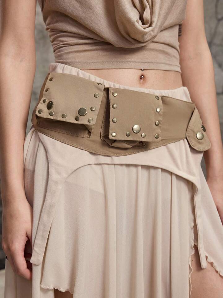 1pc Vintage Hippie Style Multi-Pocket Waist Bag With Rivet Decor Wide Waistband Belt For Women 4 1pc Vintage Hippie Style Multi-Pocket Waist Bag With Rivet Decor Wide Waistband Belt For Women