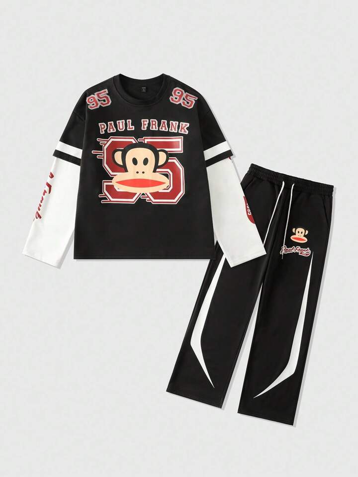 Paul Frank X ROMWE Men's Casual Colorblock Letter & Monkey Print Top And Pants Set