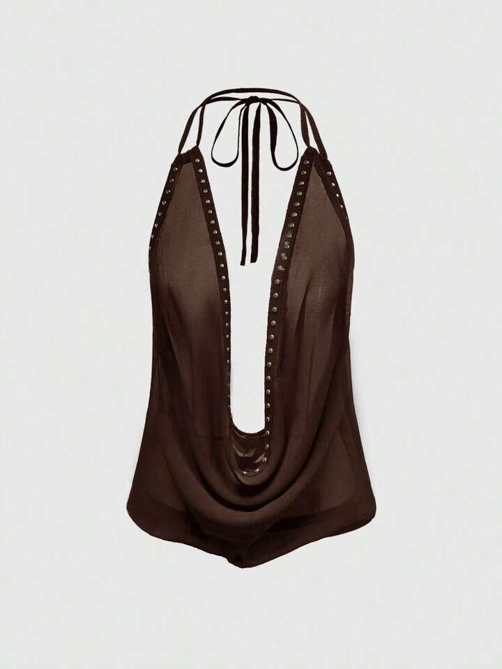 Grunge Punk Sexy Deep Draped Neck Backless Halter Women Tank Top