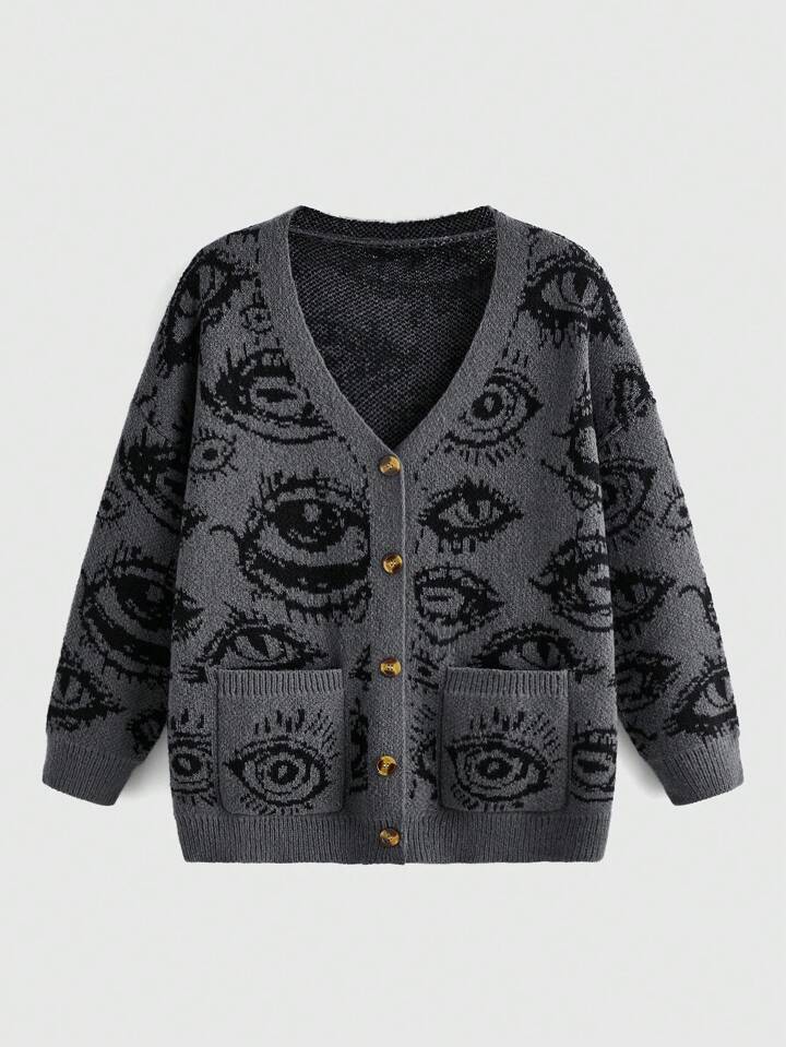 Grunge Punk Eye Pattern Button Front Cardigan