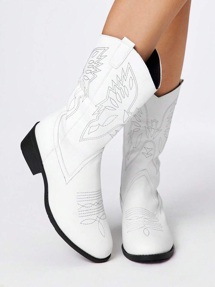 Women's White Western Embroidered Cowboy Knee-High Boots, Low Heel Leather Motorcycle Boots, Women's Ankle Boots And Short Boots