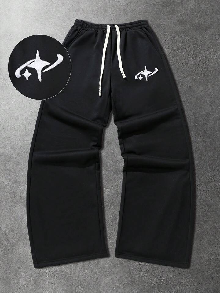 Brand Starry Pattern Sweatpants, Unisex Loose Drawstring Wide Leg Casual Pants, High Street Style Black Joggers