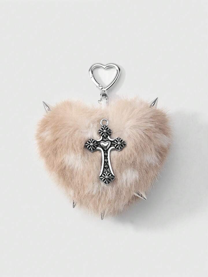 Kawaii 1pc Y2K Retro Punk Goth Style Brown Faux Fur Leopard Print Rivet 3D Heart Cross Pendant Keychain, Suitable For Women, Daily Wear Or Gift, Halloween