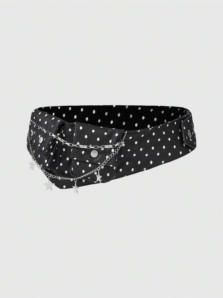 Anime Retro Black & White Polka Dot Print Pocket Waist Bag With Adjustable Width Belt, Fashion Versatile Accessory Combo For Commuting