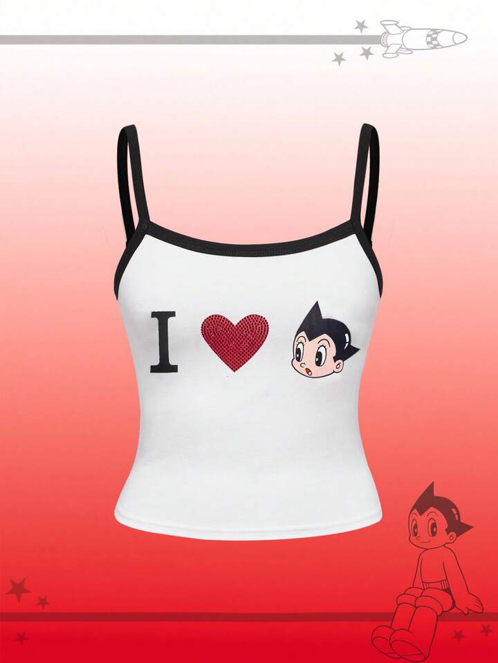 Astro Boy X ROMWE Women Heart Rhinestone Decorated Letter & Cartoon Figure Graphic Cami Top