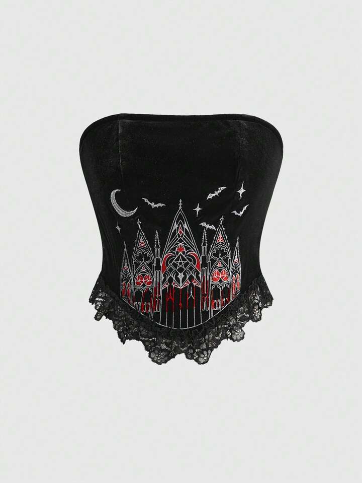 Gothic Castle Cross Embroidery Lace Patchwork Strapless Top For Women, Halloween