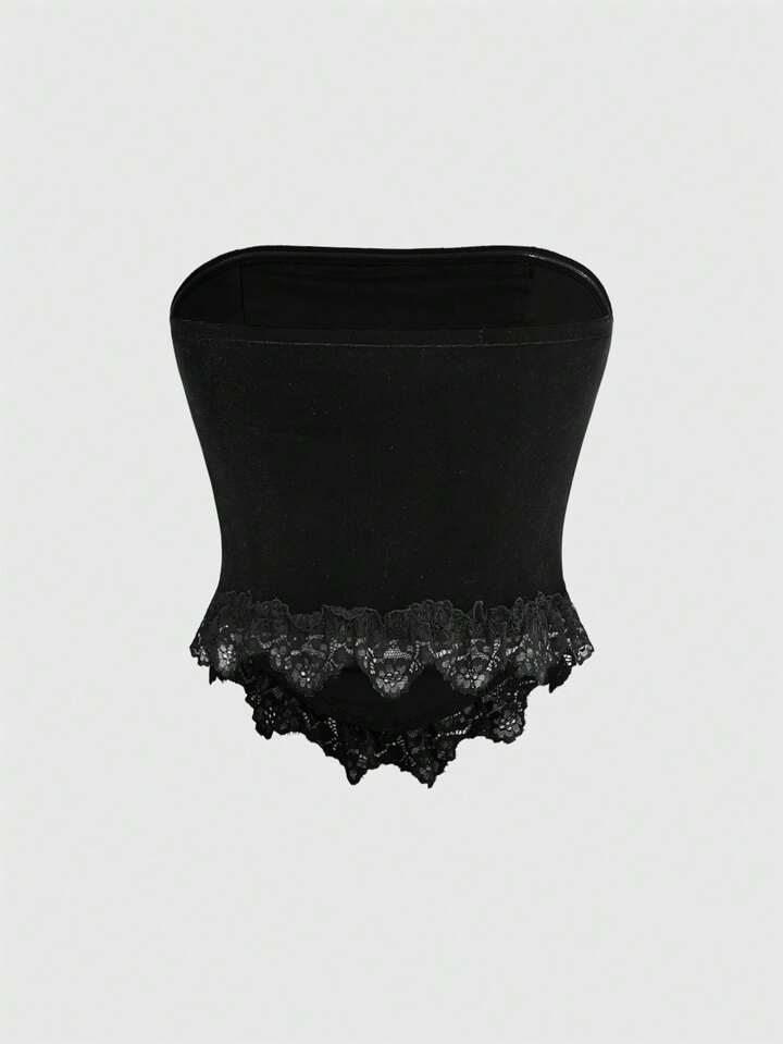 Gothic Castle Cross Embroidery Lace Patchwork Strapless Top For Women, Halloween 2 Gothic Castle Cross Embroidery Lace Patchwork Strapless Top For Women, Halloween