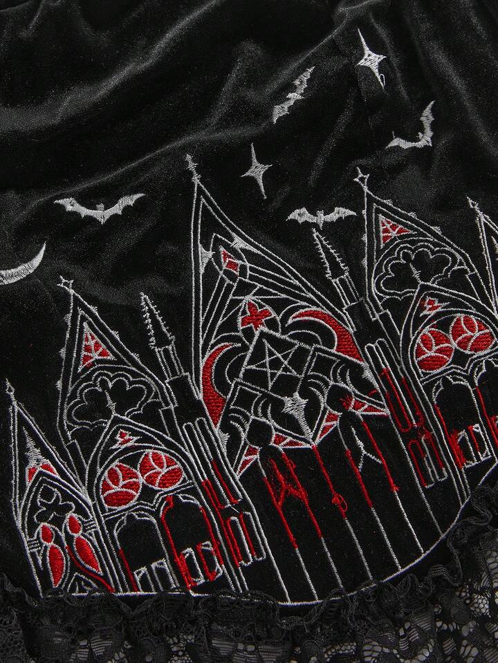 Gothic Castle Cross Embroidery Lace Patchwork Strapless Top For Women, Halloween 3 Gothic Castle Cross Embroidery Lace Patchwork Strapless Top For Women, Halloween
