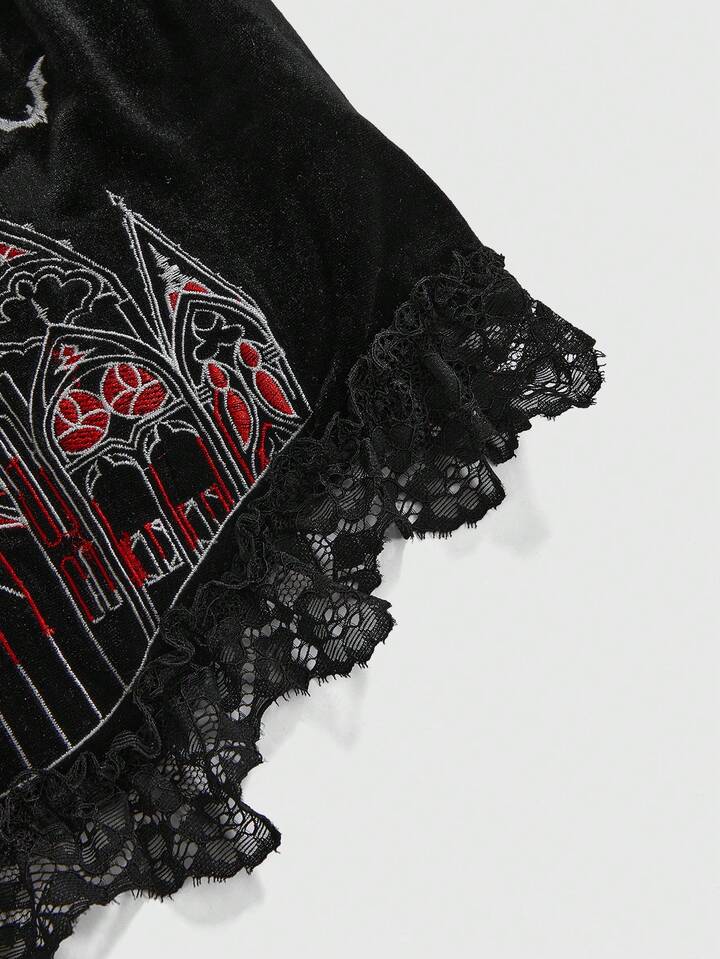 Gothic Castle Cross Embroidery Lace Patchwork Strapless Top For Women, Halloween 4 Gothic Castle Cross Embroidery Lace Patchwork Strapless Top For Women, Halloween