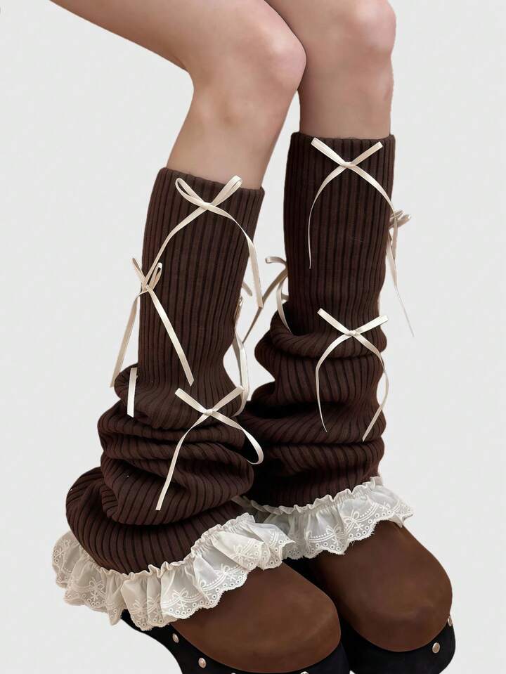 Kawaii 1 Pair Y2K Retro Bowknot Lace Trim Design Knee High Leg Warmers, Fashionable Minimalist Sweet Lolita Style Leg Warmers For Women, Suitable For Daily, School, Date, Shopping And Other Occasions