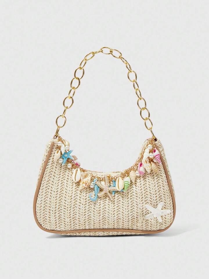 Fairycore 1pc Summer Beach Starfish Series Shell & Seashell Woven Shoulder Hand Carry Bag, Beach Bag, Straw Handbag For Women (Charm Color & Style Randomly) , Summer