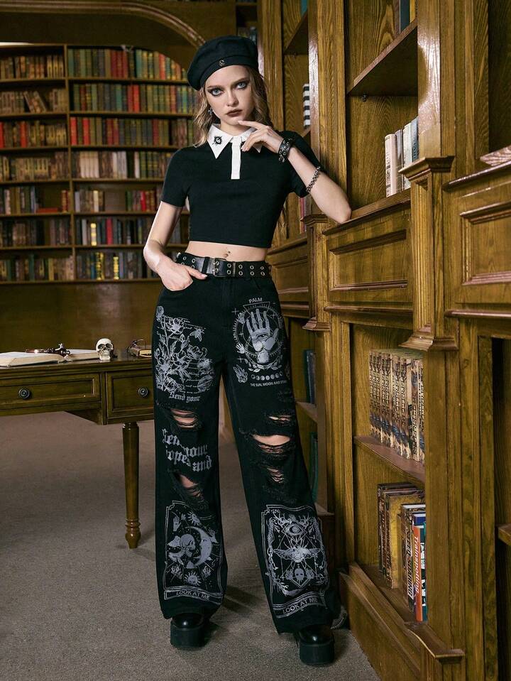 Academia Women's Letter Print Distressed Wide Leg Loose Casual Denim Jeans