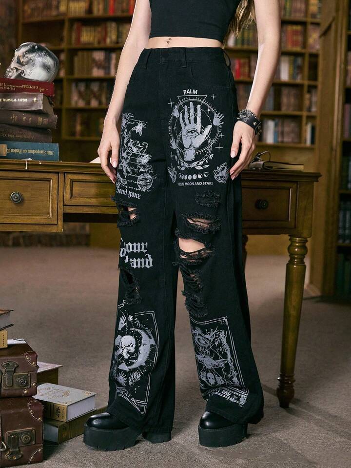 Academia Women's Letter Print Distressed Wide Leg Loose Casual Denim Jeans 6 Academia Women's Letter Print Distressed Wide Leg Loose Casual Denim Jeans