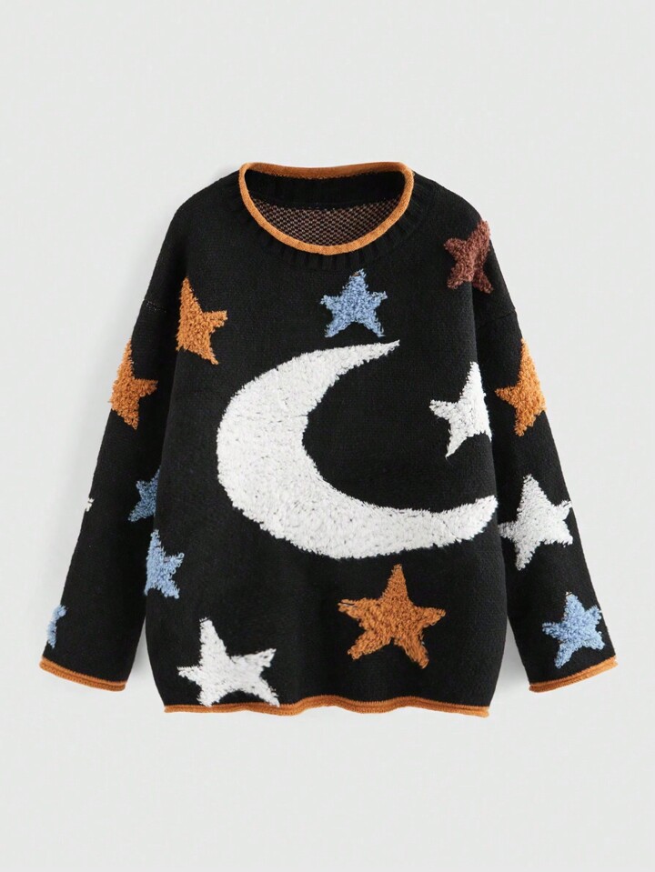 Hippie Plus Size Bohemian Sun And Moon Graphic Pullover Sweater