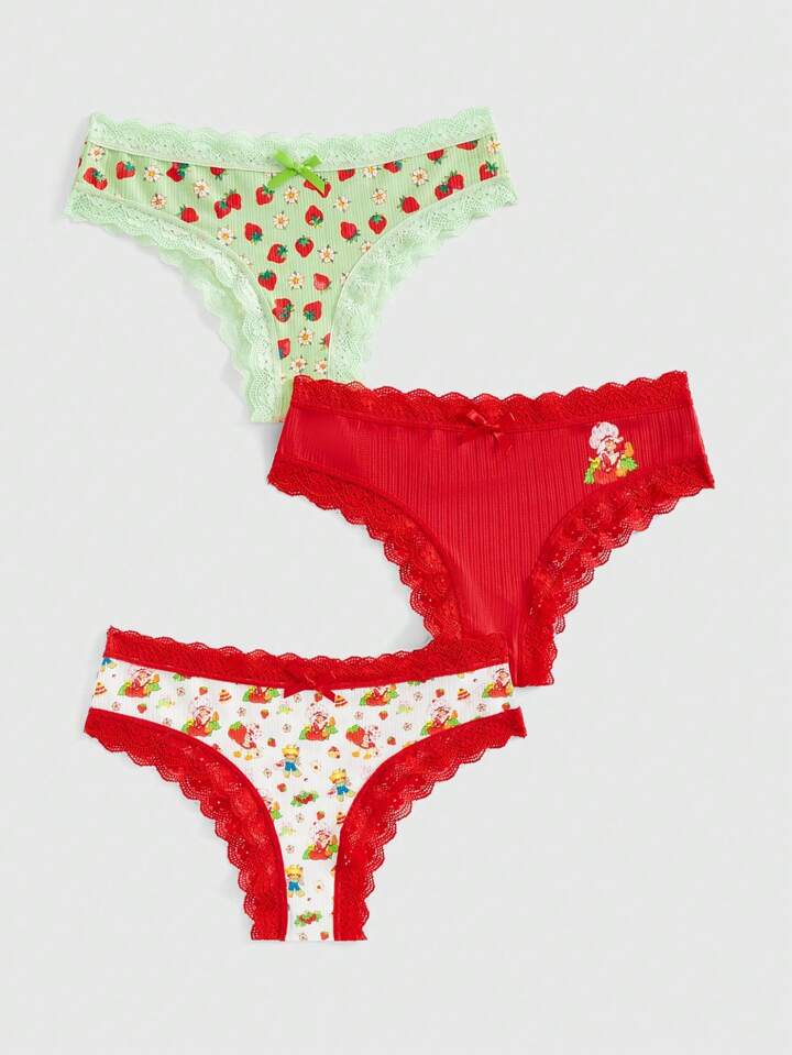 Strawberry Girl Lace Bow Decor 3-Pack Briefs Set