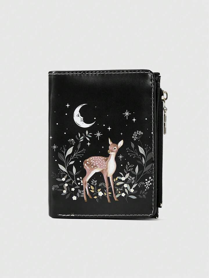 Fairycore 1pc Creative Deer, Moon, Star, Snowflake, Floral Print Design Black Wallet, Fashion Versatile Unisex Coin Purse, Casual Stylish Card Holder