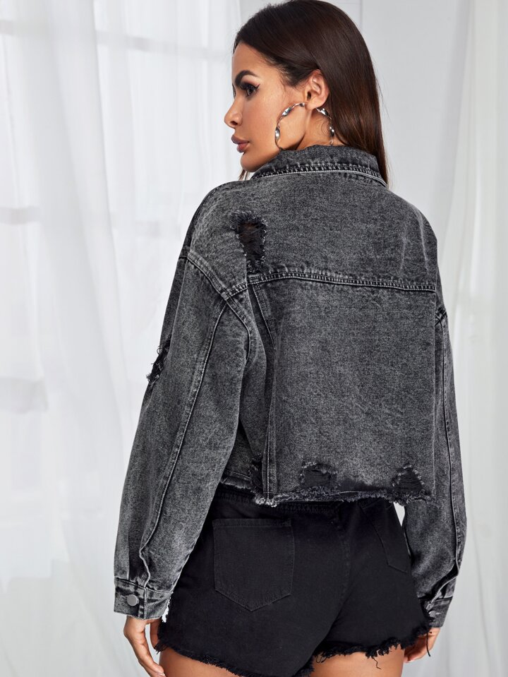 Washed Frayed Hem Ripped Denim Jacket