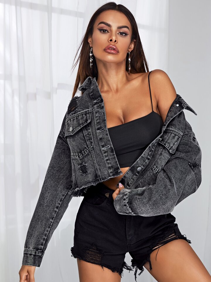 Washed Frayed Hem Ripped Denim Jacket