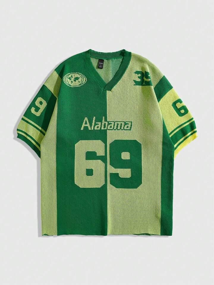 Prep Men's Jersey V-Neck Short Sleeve Football Pattern Letter Graphic Knit Top