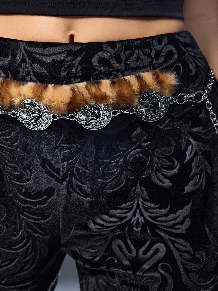 Goth Fashionable Double Layered Star & Moon Women's Pants Chain & Waist Chain Leopard Yellow Imitation Fuzz 2 Goth Fashionable Double Layered Star & Moon Women's Pants Chain & Waist Chain Leopard Yellow Imitation Fuzz