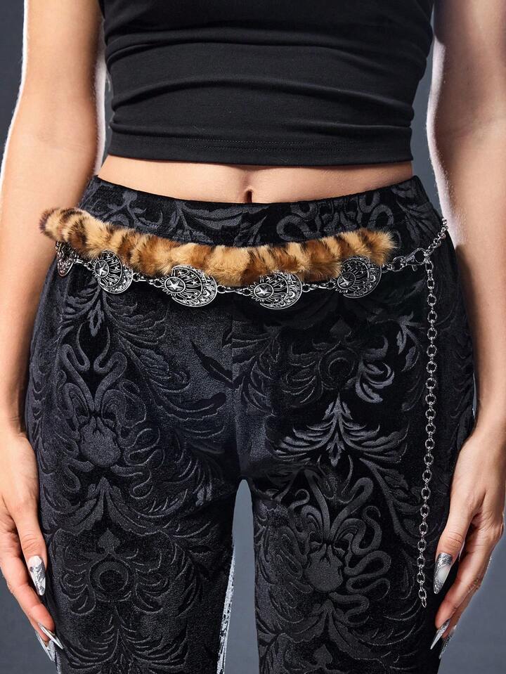 Goth Fashionable Double Layered Star & Moon Women's Pants Chain & Waist Chain Leopard Yellow Imitation Fuzz 3 Goth Fashionable Double Layered Star & Moon Women's Pants Chain & Waist Chain Leopard Yellow Imitation Fuzz
