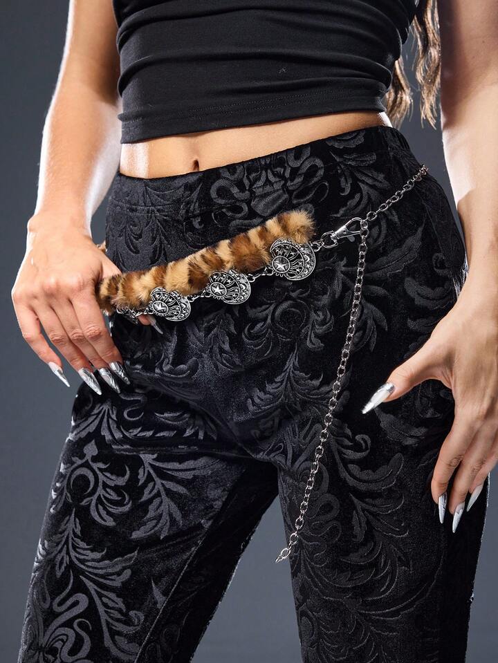 Goth Fashionable Double Layered Star & Moon Women's Pants Chain & Waist Chain Leopard Yellow Imitation Fuzz 4 Goth Fashionable Double Layered Star & Moon Women's Pants Chain & Waist Chain Leopard Yellow Imitation Fuzz