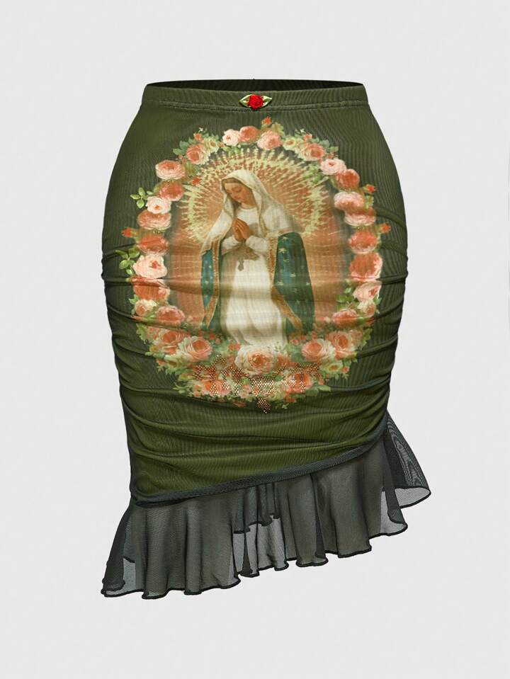 Fairycore Women's Retro Palace Style Virgin Mary Graphic Green Mesh Skirt