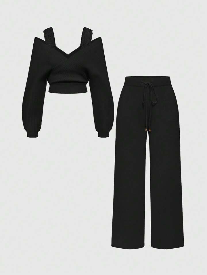 Kawaii 1 Set Women Shoulder Strap V-Neck Lace Strap Loose Wide-Leg Pants Comfortable Home Knit Sweater Two Pieces