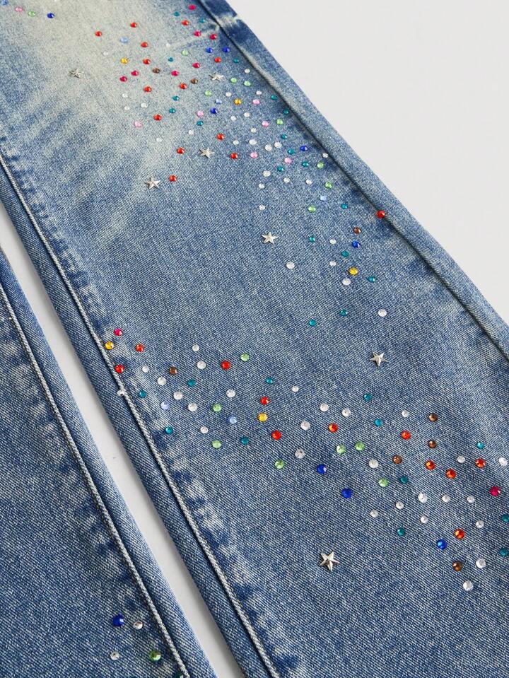 Men's Street Life Stacked Diamond Embellished Flared Denim Jeans, Rhinestone Jeans