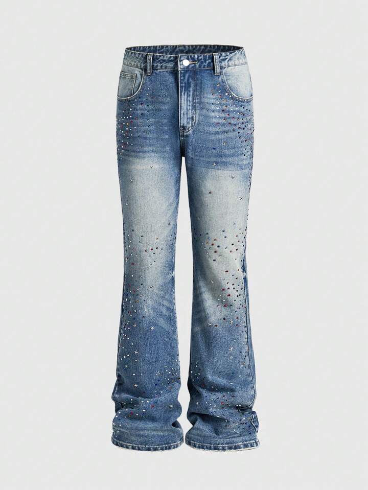 Men's Street Life Stacked Diamond Embellished Flared Denim Jeans, Rhinestone Jeans