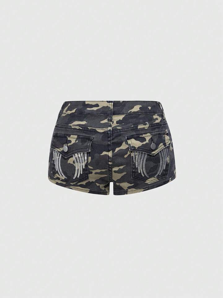 Grunge Punk Y2k Retro Baddie Pocket Wing Sequin Embroidery Low Rise Camouflage Denim Shorts
