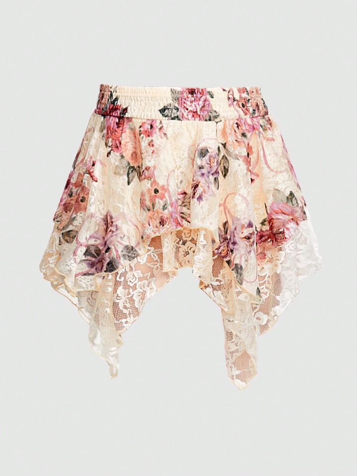 Floral Print Asymmetrical Hem Skirt