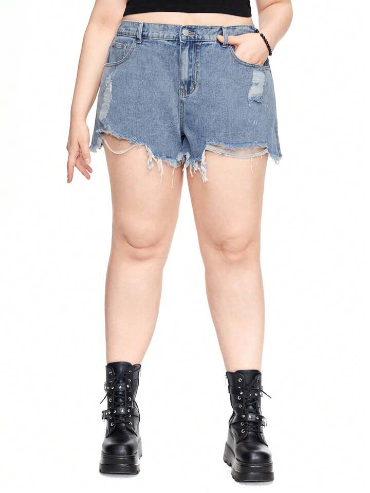 All-Match Frayed Hem Plus Size Denim Shorts With Distressed Design