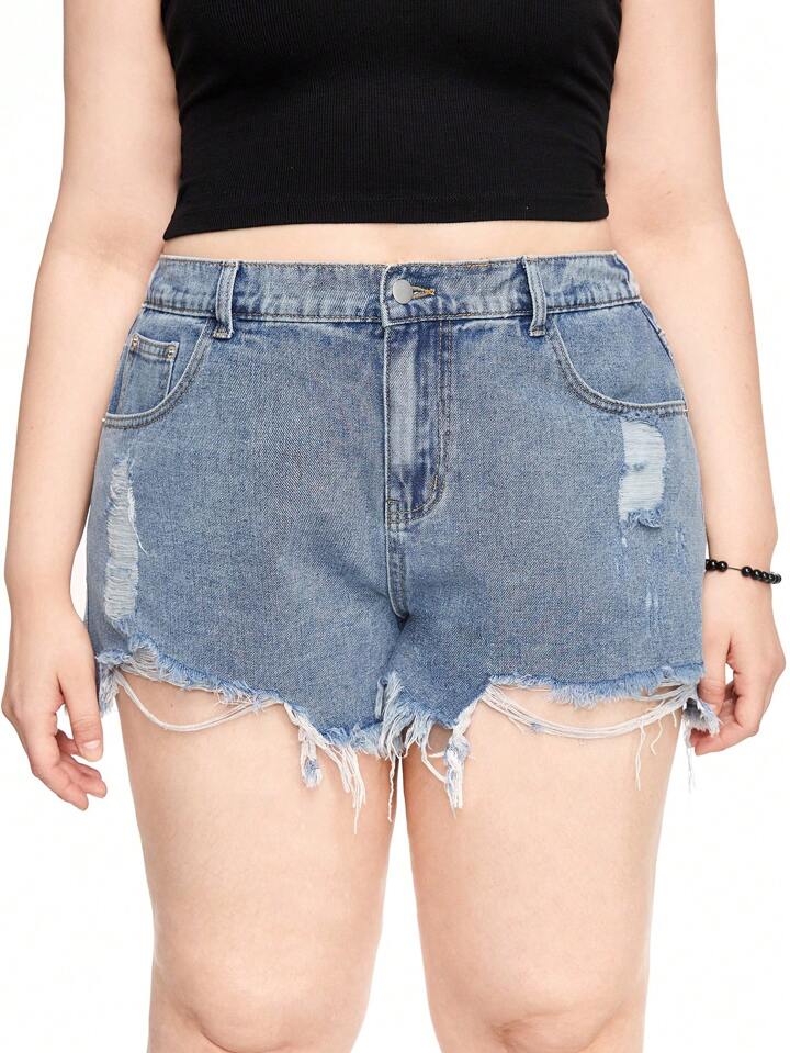 All-Match Frayed Hem Plus Size Denim Shorts With Distressed Design