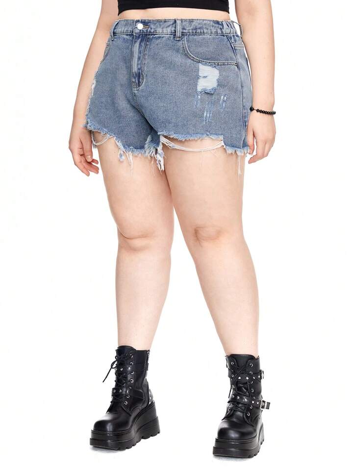 All-Match Frayed Hem Plus Size Denim Shorts With Distressed Design