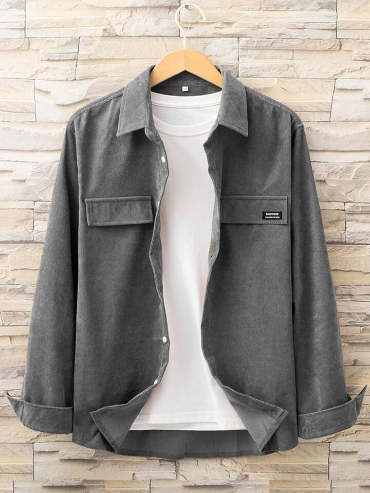 Guys Letter Patched Detail Corduroy Shirt Without Tee