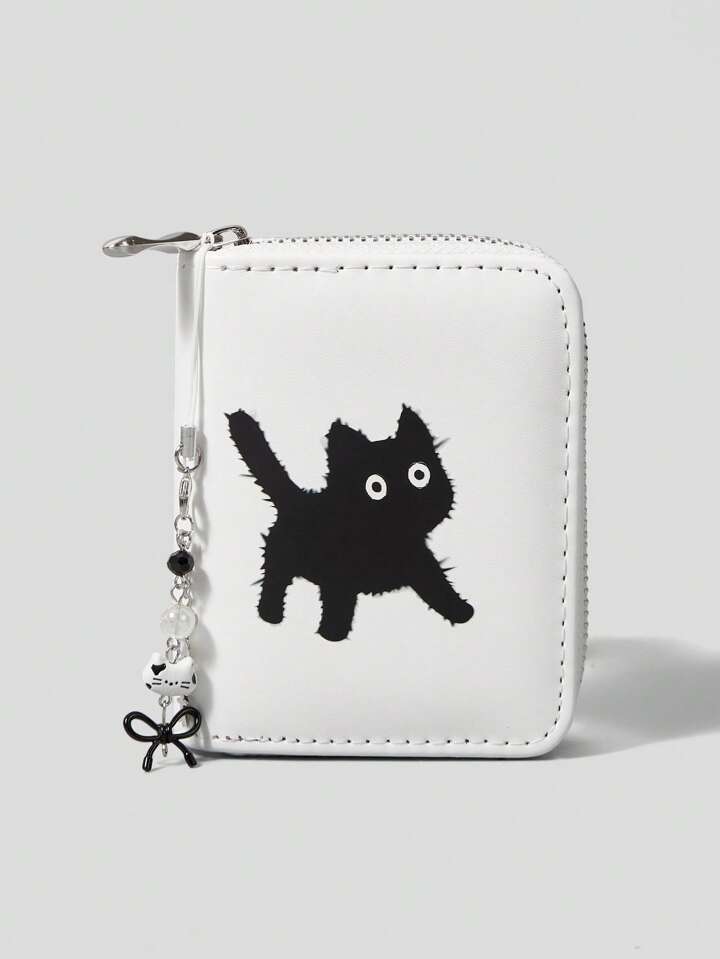 Goth White & Black Cat With Bowknot Pendant Short Wallet, Cute Multifunctional Card Slots Purse