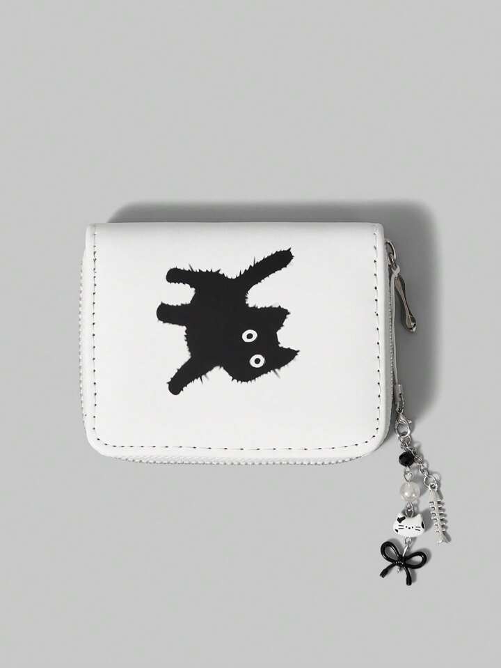 Goth White & Black Cat With Bowknot Pendant Short Wallet, Cute Multifunctional Card Slots Purse