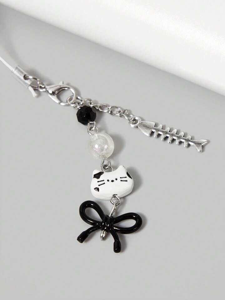 Goth White & Black Cat With Bowknot Pendant Short Wallet, Cute Multifunctional Card Slots Purse