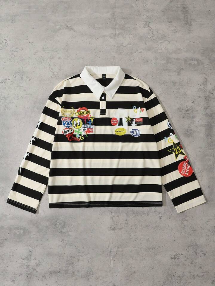 Men Letter Prep Striped Long Sleeve Casual Loose Polo Collar Sweatshirt, Fall