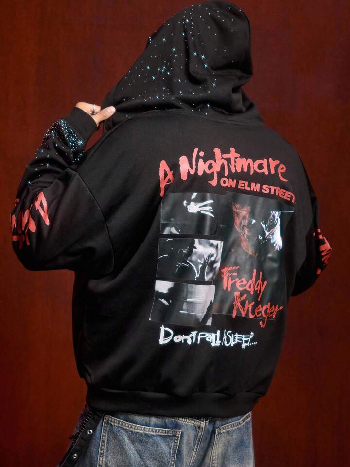 A Nightmare on Elm Street X ROMWE Men Letter Graphic Rhinestone Embellished Sweatshirt, Suitable For Autumn/Winter, Long Sleeve Top