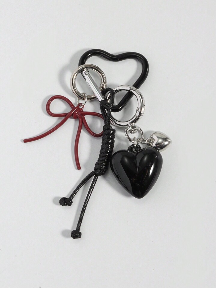 Kawaii 1pc Black Heart-Shaped Carabiner Bag Charm, 1pc Red Bowknot Heart Key Chain, Suitable For Valentine's Day Gift, Birthday Gift, Holiday Gift Valentines
