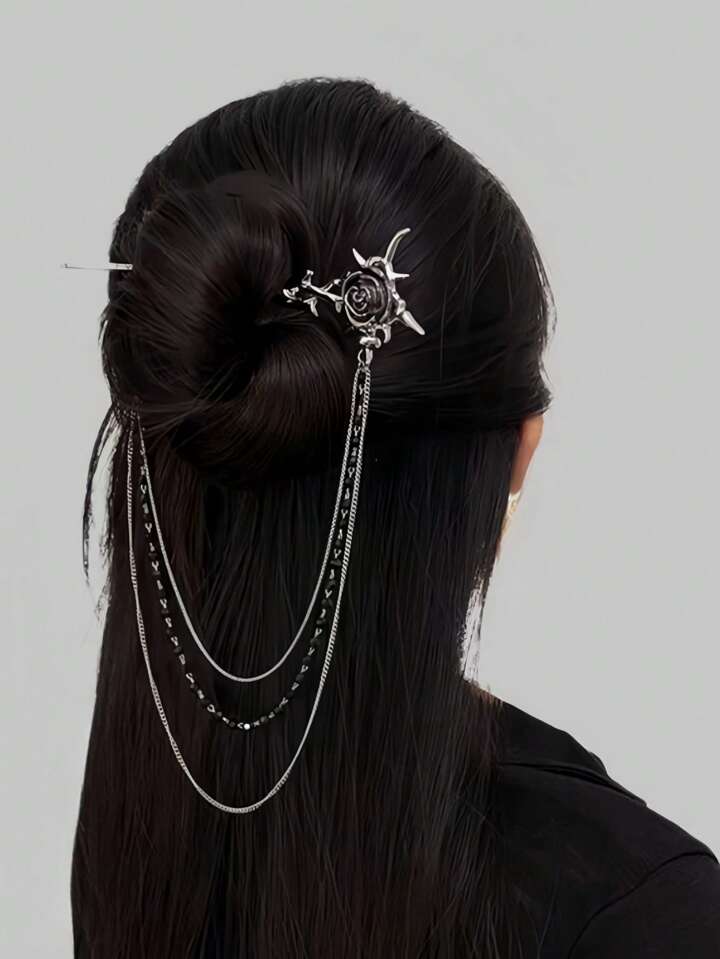 Goth 1pc Punk Thorns Rose Flower Tasseled Beaded Chain Hair Accessory & Hair Clip For Women Hair Bun Hair Pin Hair Bun Maker Bun Hair Piece Hair Styling Pins