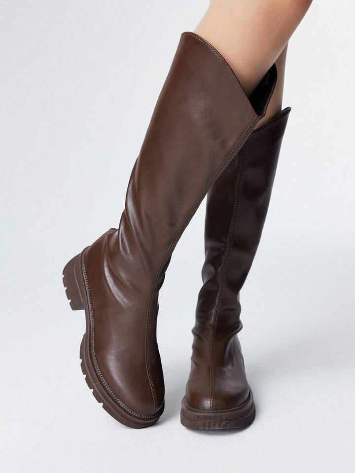 Women's Brown Ankle Boots, Short Boots For Daily Wear, Dark Punk, Campus, Gothic Style, Chunky Heel, Western Style Knee-High Boots